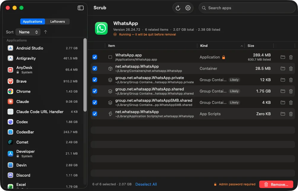 Screenshot of Scrub showing WhatsApp selected with related app files, containers, scripts, and sizes