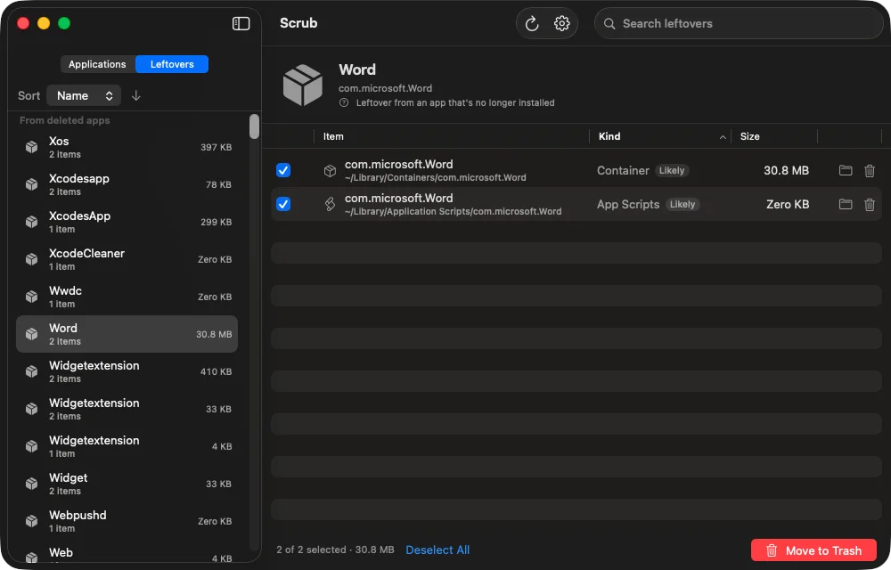 Screenshot of Scrub's Leftovers tab showing orphaned Microsoft Word files selected for removal
